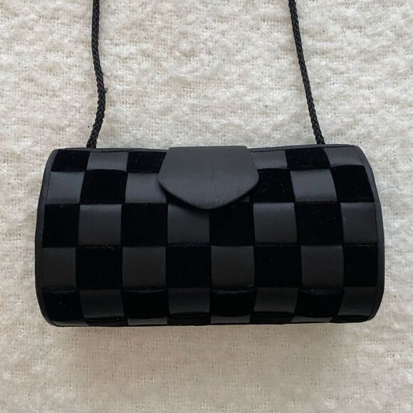 Vintage Black Checkered Velvet and Satin Crossbody Shoulder Bag - Picture 1 of 9